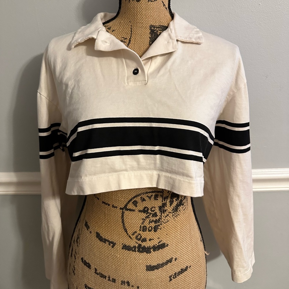 Zara Cropped Long Sleeve Black And White Strip Collar Shirt M